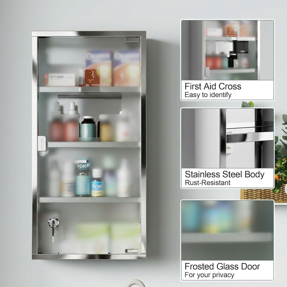 image 1 of HOMCOM Medicine Cabinet Houseware Stainless Steel Medicine Cabinet Glass Door
