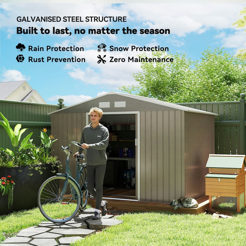 image 1 of Outsunny 9 x 6FT Galvanised Garden Storage Shed with Sliding Door, Brown