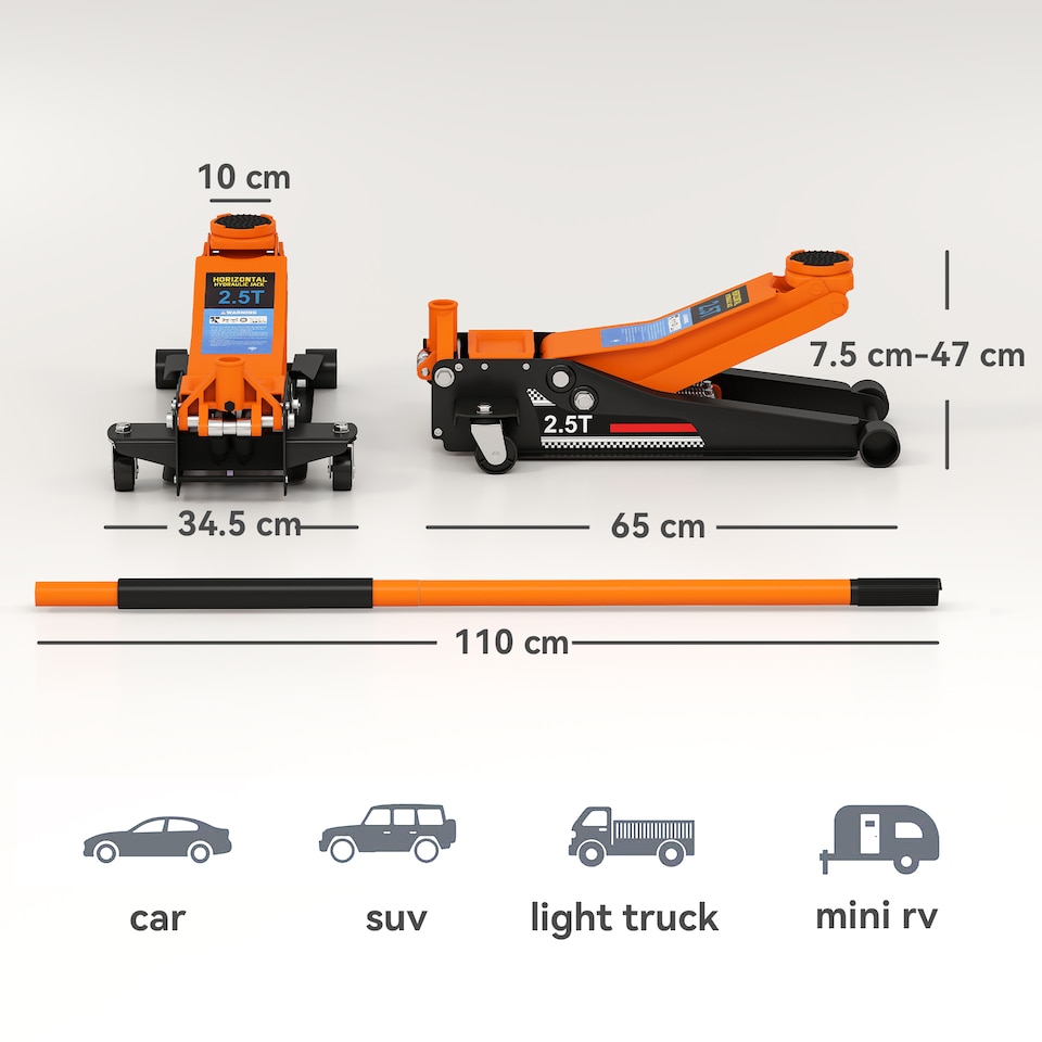 image 1 of HOMCOM 2.5 Ton Hydraulic Low Profile Floor Jack, Heavy Duty Car Trolley Jack Lift with 7.5-47cm Lifting Range, Dual Piston Pump, Wheels, Non-slip Handle for Car Van Garage Tyre Repair Change, Orange