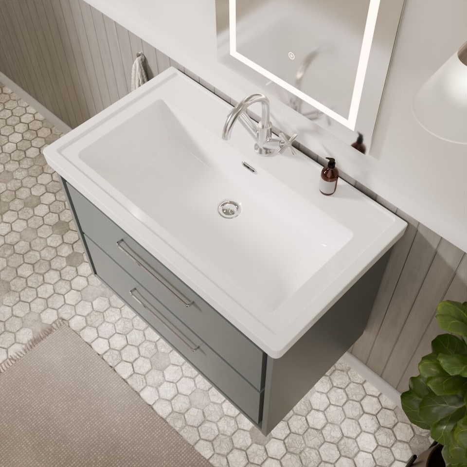image 1 of Balterley Modern Wall Hung 2-Drawer Bathroom Vanity Unit with Fireclay Basin | Grey | Monument Grey | 606 x 830 x 471mm