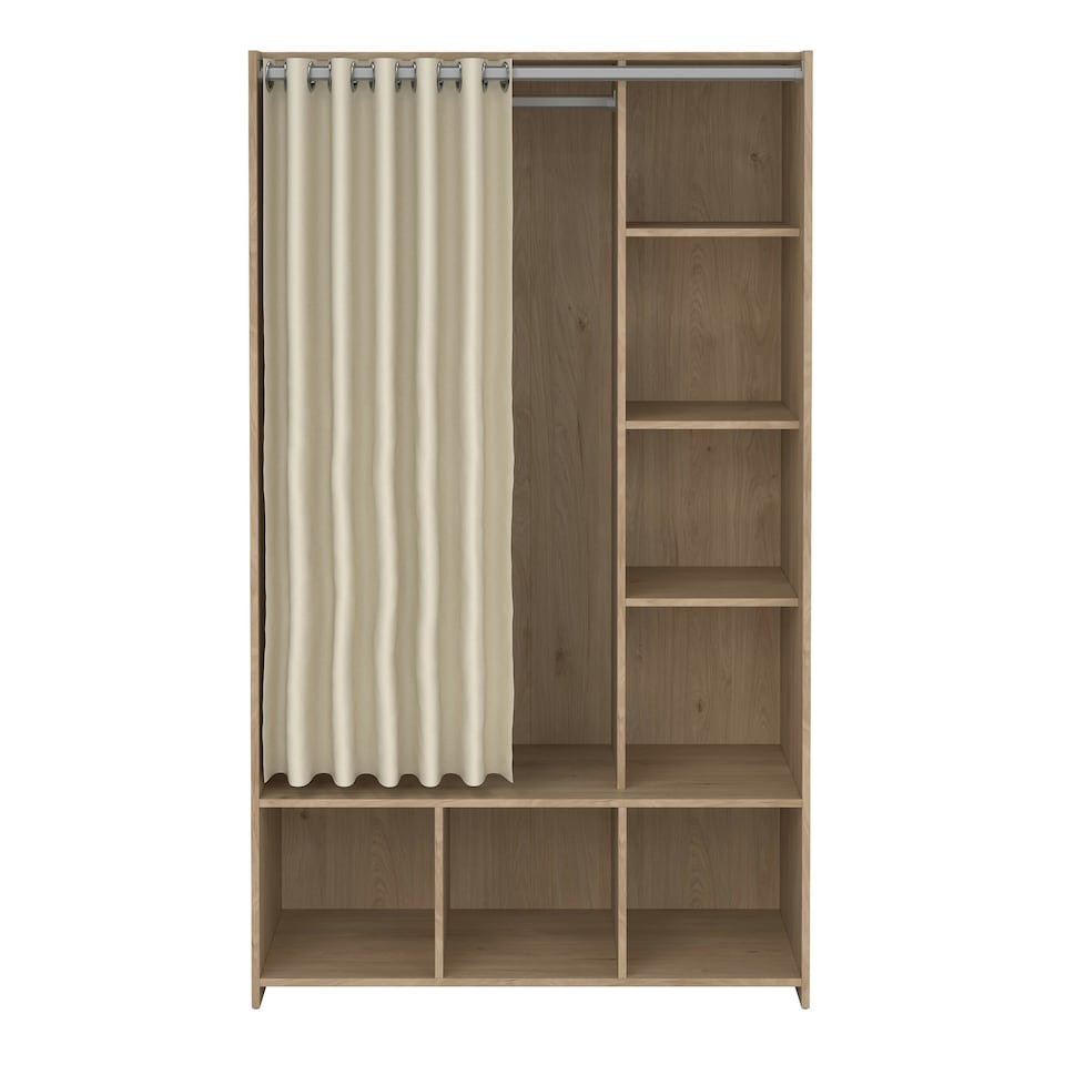 image 1 of Uppsala Open Wardrobe Unit in Jackson Hickory Oak with a Beige Textile Curtain