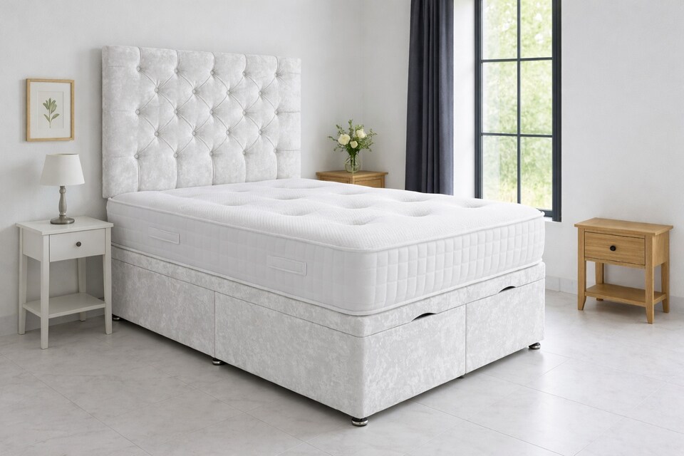 image 1 of Foot Lift White Crush 5ft Kingsize Ottoman Bed Set Headboard and Mattress
