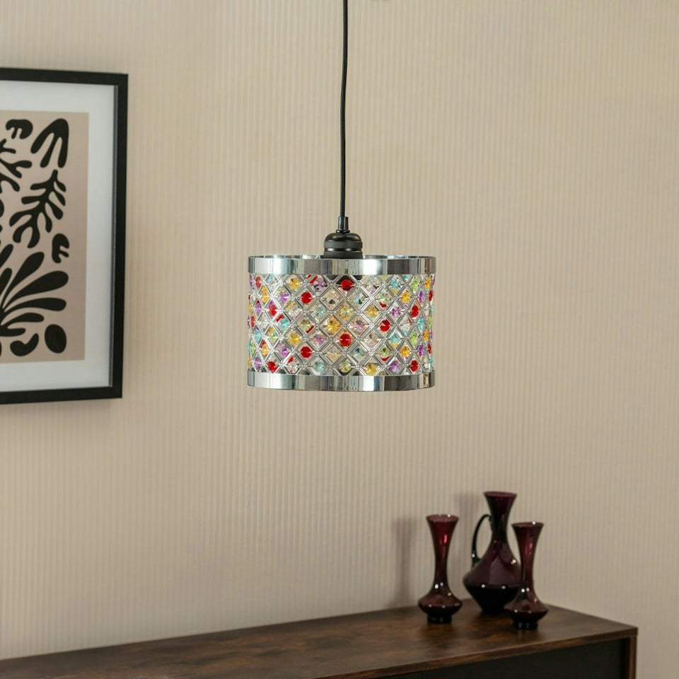 image 1 of ValueLights Hadley Multi Colour Easy Fit Metal Cut Out Acrylic Jewel Drum Ceiling Light Shade - Bulb Included