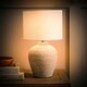 image 2 of ValueLights Reid Linen Drum Lamp Shade Stone Grey Ribbed Ceramic Small Table Lamp | Grey