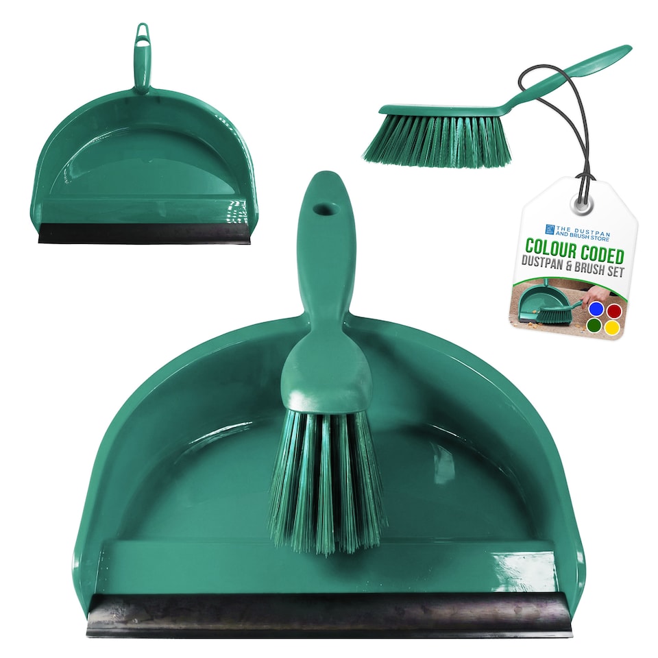 image 1 of Colour Coded Dustpan and Brush Sets Wide Plastic Dustpan with Rubber Lip and Soft Bristle Brush
