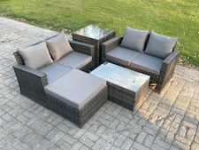 Fimous Wicker Rattan Garden Furniture Sofa Set with Rectangular Coffee Table Double Seat Sofa Big Footstool Side Table 5 Seater Outdoor Rattan Set Dark Grey Mixed