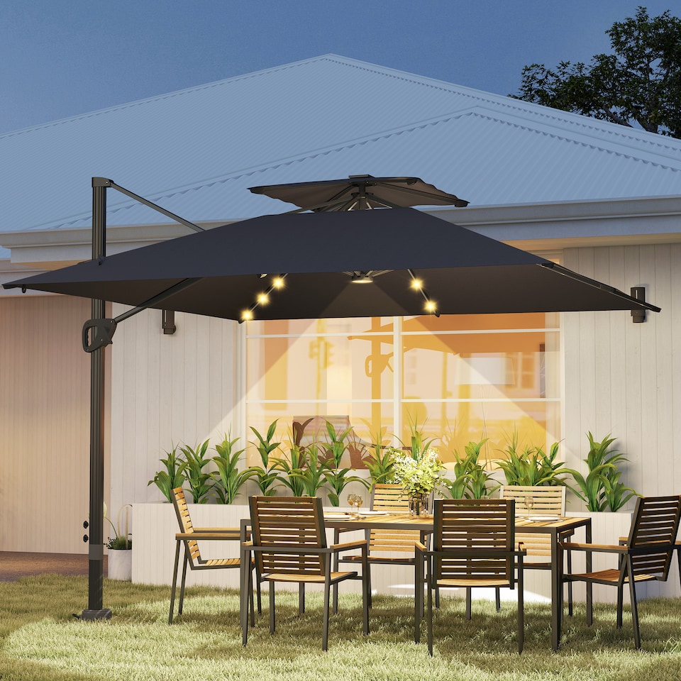 image 1 of Outsunny 3.5x3 m Garden Cantilever Parasol with Solar LED Lights and Centre Light, UPF50 Aluminium Patio Umbrella, Hanging Sun Shade with Cross Base, Crank Handle | Black | Black