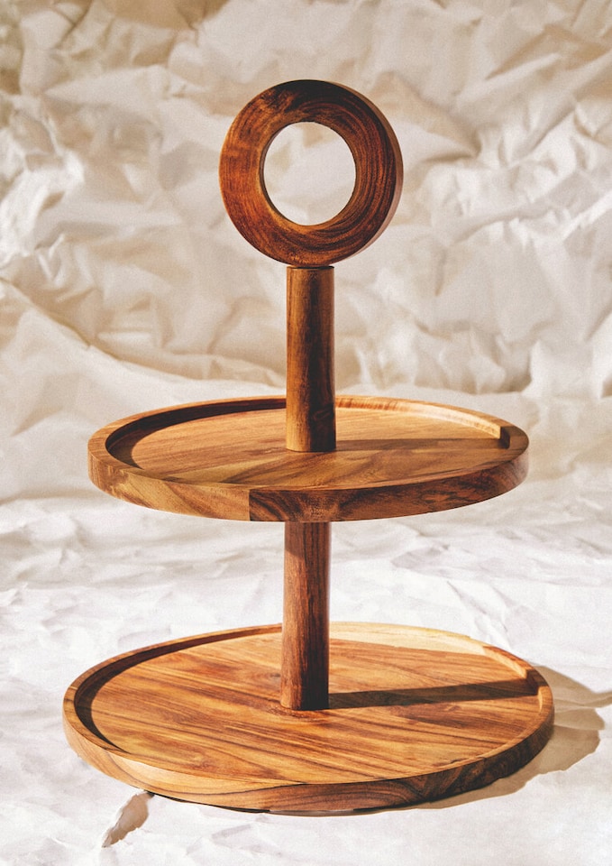 image 1 of Kora Sheesham Wood Two Tier Cake Stand | Brown