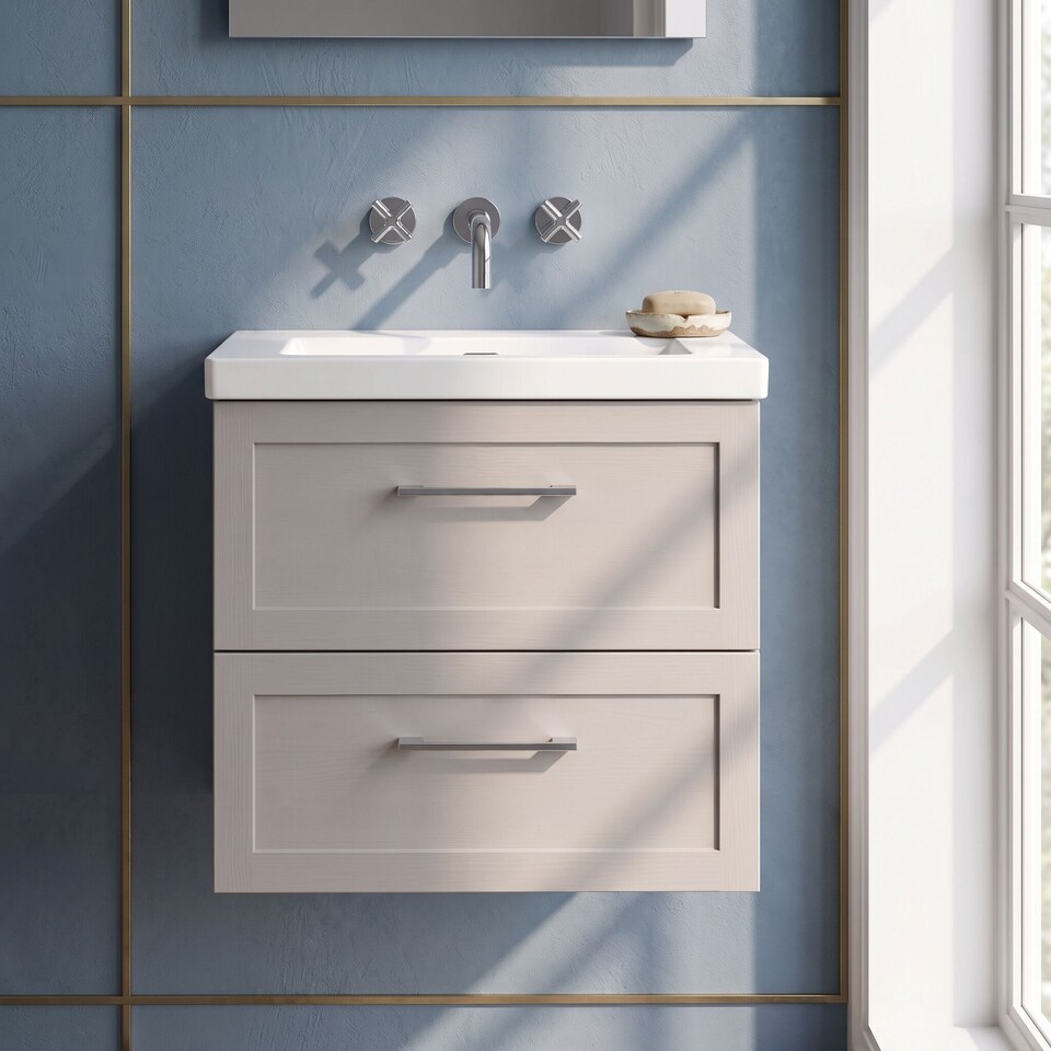 image 1 of Balterley Stonnall Traditional Wall Hung 2 Drawers Vanity Unit with 0 Tap Hole Fireclay Basin, 600mm, Pebble Grey