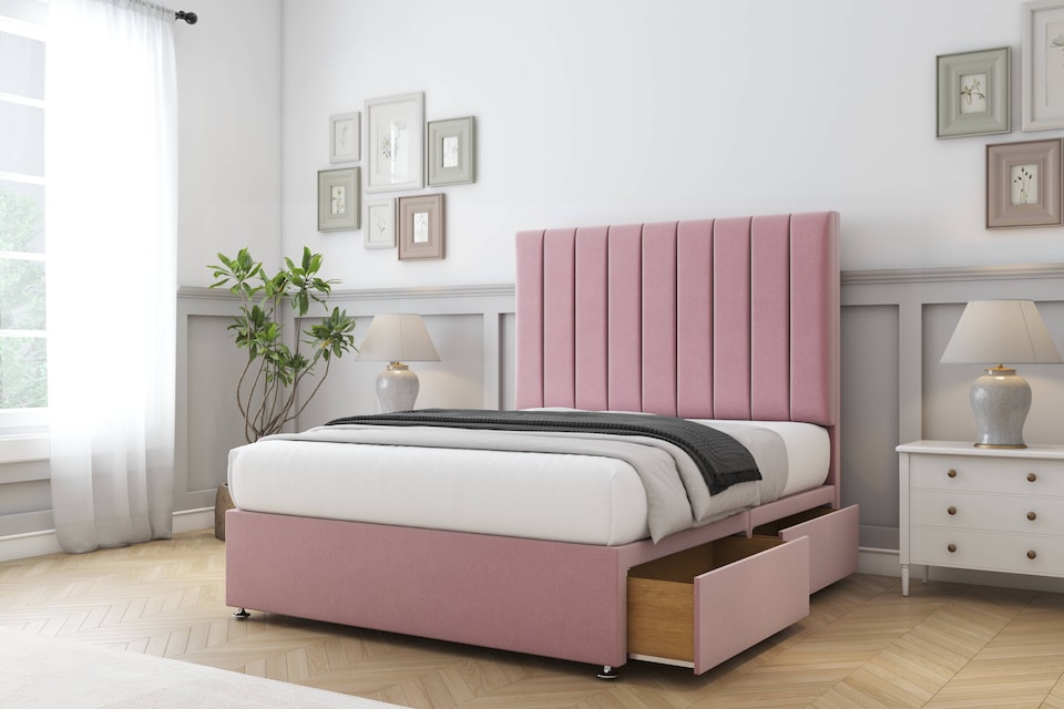 image 1 of Sloomy Kansas Pink Plush Divan Bed Base 2 Drawers Same Side With 26 Inch Strutted Headboard | Pink | Pink | Small Single | 1
