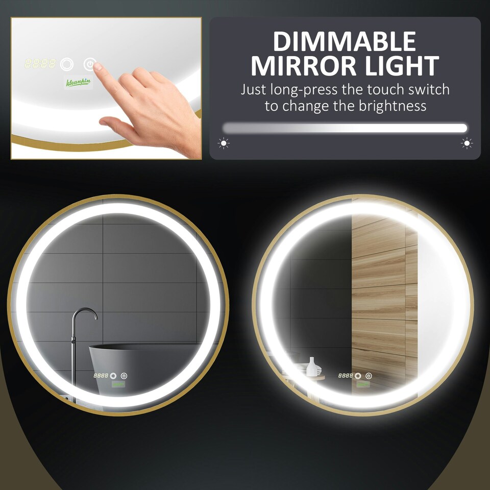 image 1 of kleankin Wall Mounted LED Bathroom Mirror with 3 Light Colours Time Display Gold
