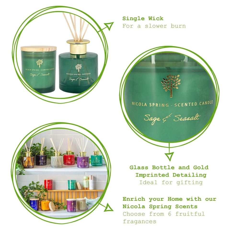image 1 of Nicola Spring Scented Candle & Reed Diffuser Set - 130g - Sage & Seasalt | Green | Green