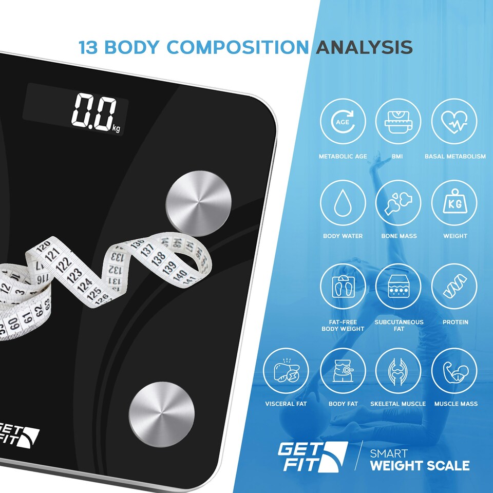 image 1 of Get Fit Smart Bathroom Scales - Monitor Weight Loss Digital Body Weighing Scale - Connect to IOS/Android via Bluetooth, LCD Display & Automatic On/Off - Black