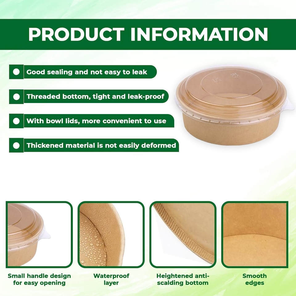 image 1 of ECONX 35oz 1000ml Salad Paper Bowls with Lids Disposable Takeaway Bowls Food Container 100pc