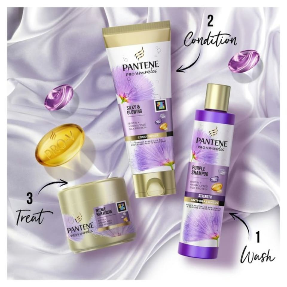image 1 of Pantene Pro V Miracles Silk & Glowing Purple Shampoo, Conditioner & Mask Set