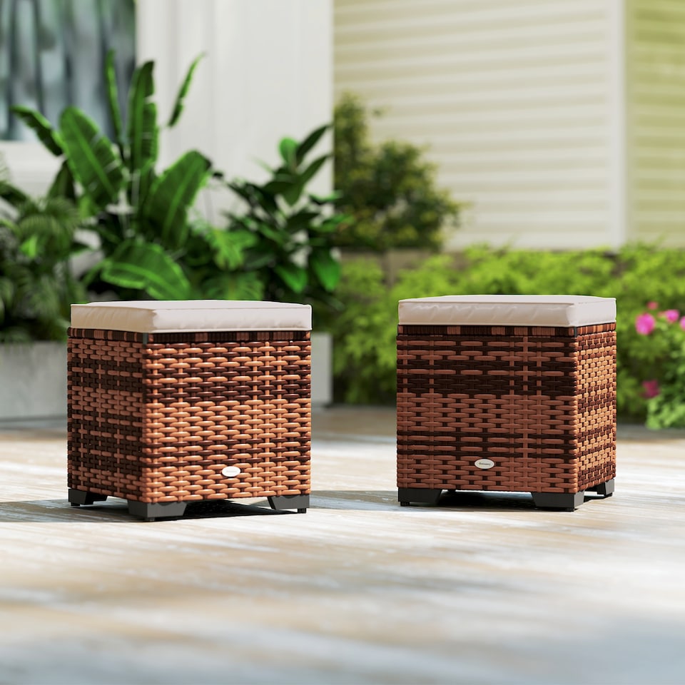 image 1 of Outsunny Set of 2 Rattan Storage Ottoman, Outdoor Footstool with Removable Cushions, Garden Storage Seat for Balcony, Porch, Living Room, Beige | White | 40W x 40D x 40H cm | 1