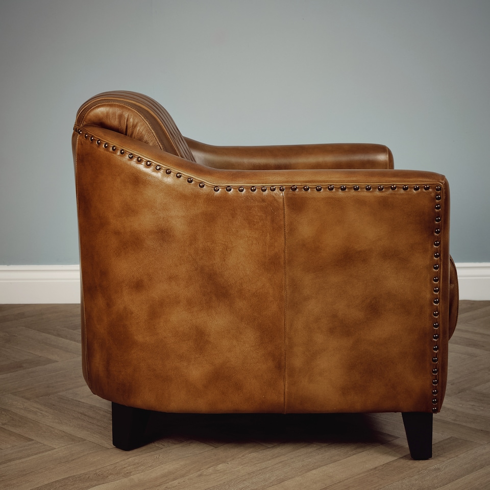 image 1 of Real Genuine Leather Tub Aviator Wing Accent Arm Chair Brown Tan