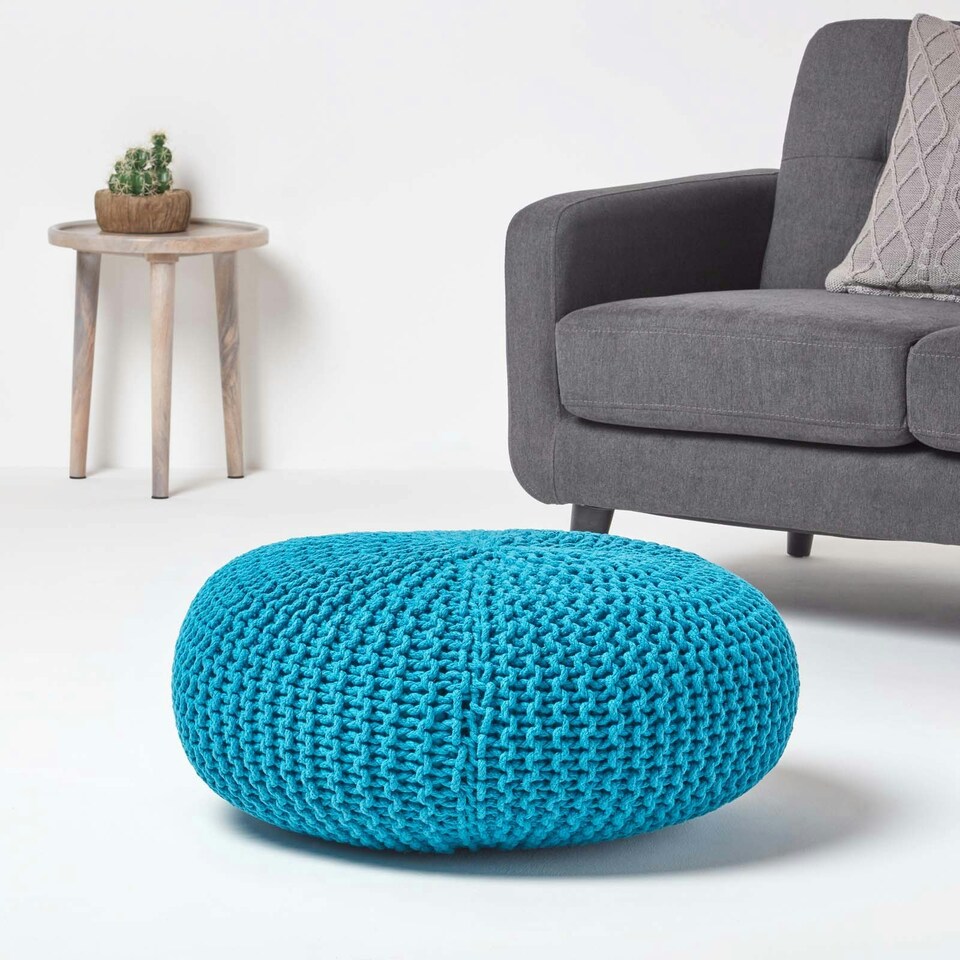 image 1 of Homescapes Teal Blue Large Round Cotton Knitted Pouffe Footstool