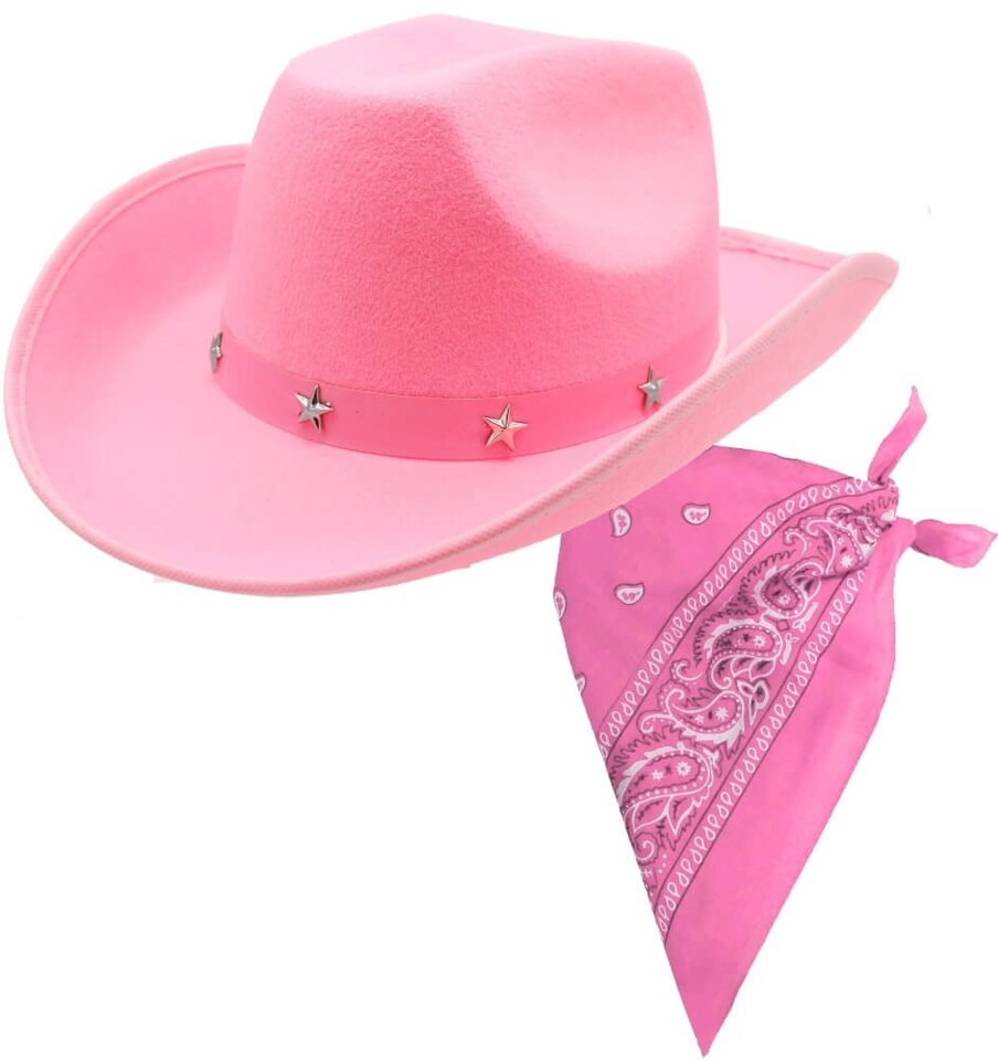 image 1 of Pink Star Studded Cowboy Cowgirl Hat and Pink Bandana Set | Pink | 24