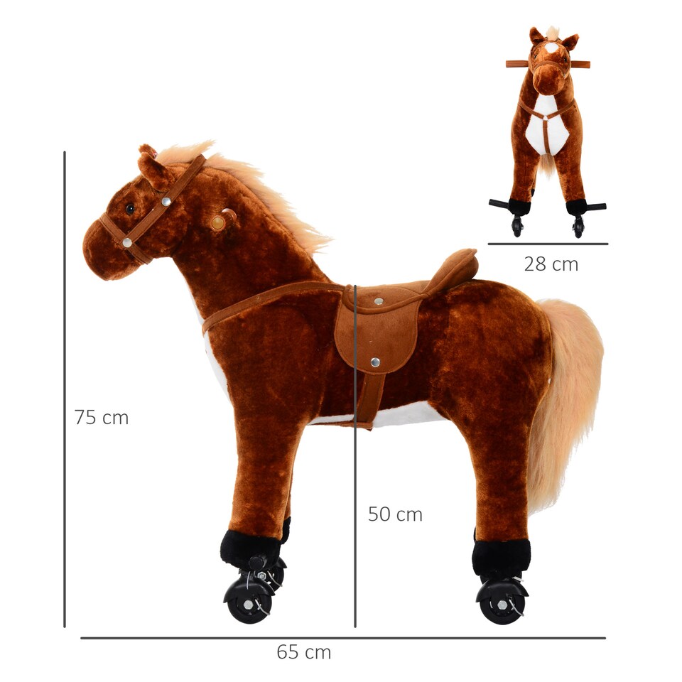 image 1 of HOMCOM Plush Walking Horse Ride On Toy with Wheels and Realistic Sounds Rocking Horse for Girls Boys 2 Plus Years Old, 50cm Tall, Brown