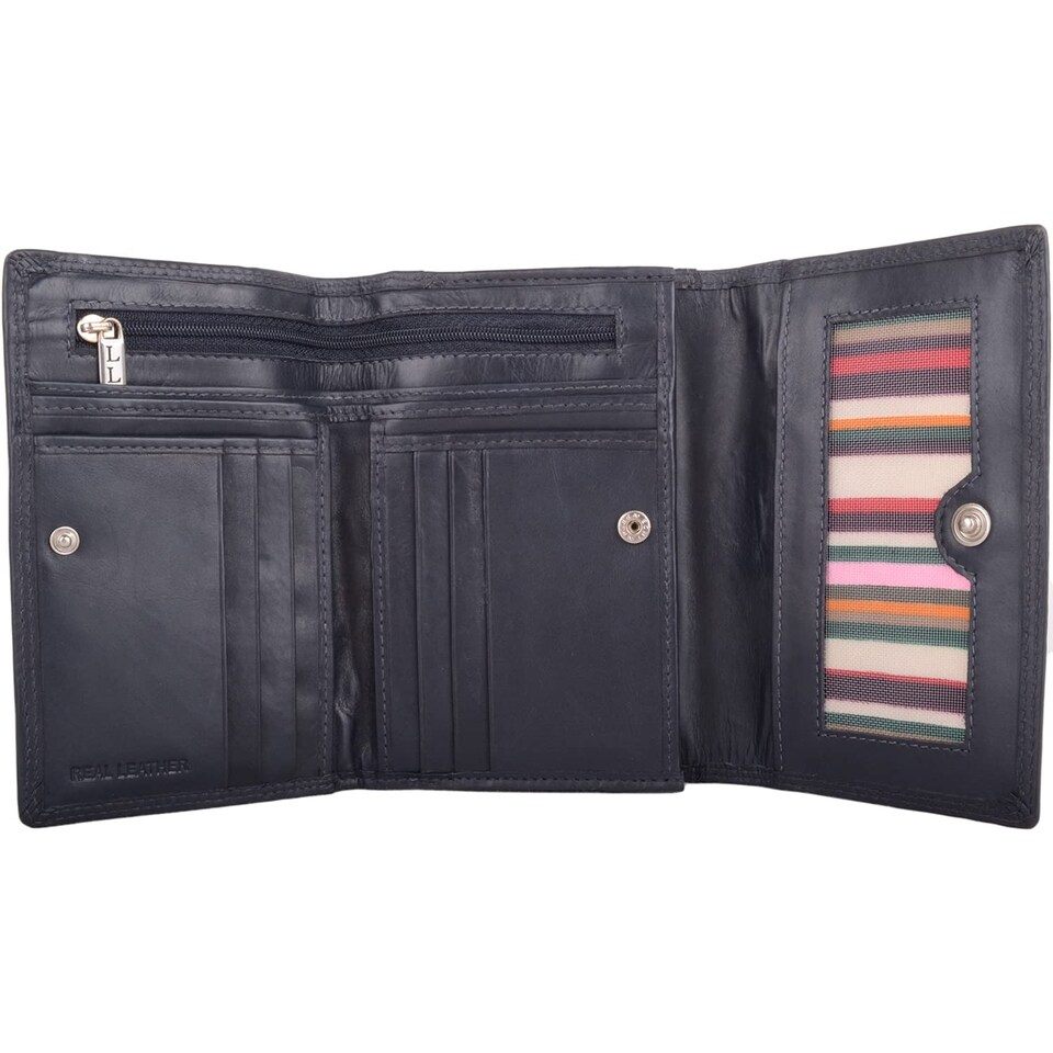 image 1 of London Leathergoods Womens Tri Fold Money Holder Magnetic Flap Purse Wallet | Blue | Navy