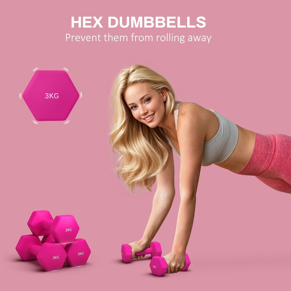 image 1 of SPORTNOW Set of 2 Hexagonal Dumbbells Weights Pair, 2 x 3kg, Pink