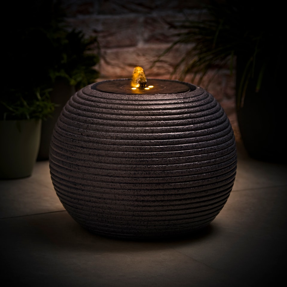 image 1 of ValueLights Round Ribbed Solar Power Outdoor Cascading Water Fountain | Grey