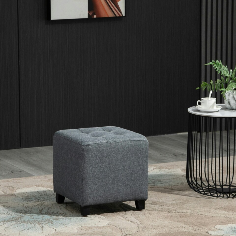 image 1 of HOMCOM Linen-Look Square Ottoman Footstool Button Tufts Wood Frame Padding Grey