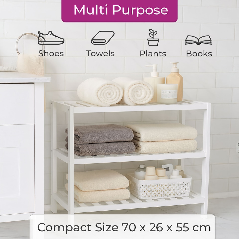 image 1 of Neo White 3-Tier Bamboo Shoe Rack Stand Natural Wooden Shoe Storage Shelf for Hallway Bedroom Bathroom | White | White