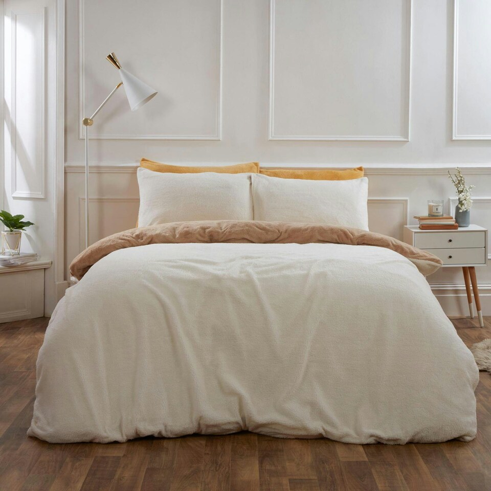 image 1 of OHS Reversible Soft Teddy Fleece Duvet Cover and Pillowcase Bedding Set, Single - Cream/Latte