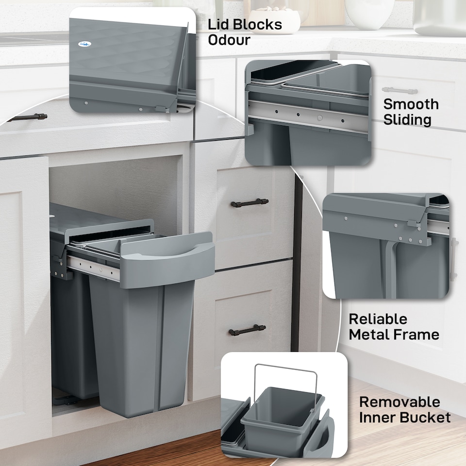 image 1 of HOMCOM Under-Sink Kitchen Trash Bin, 2 Removable Recycling Containers, Grey