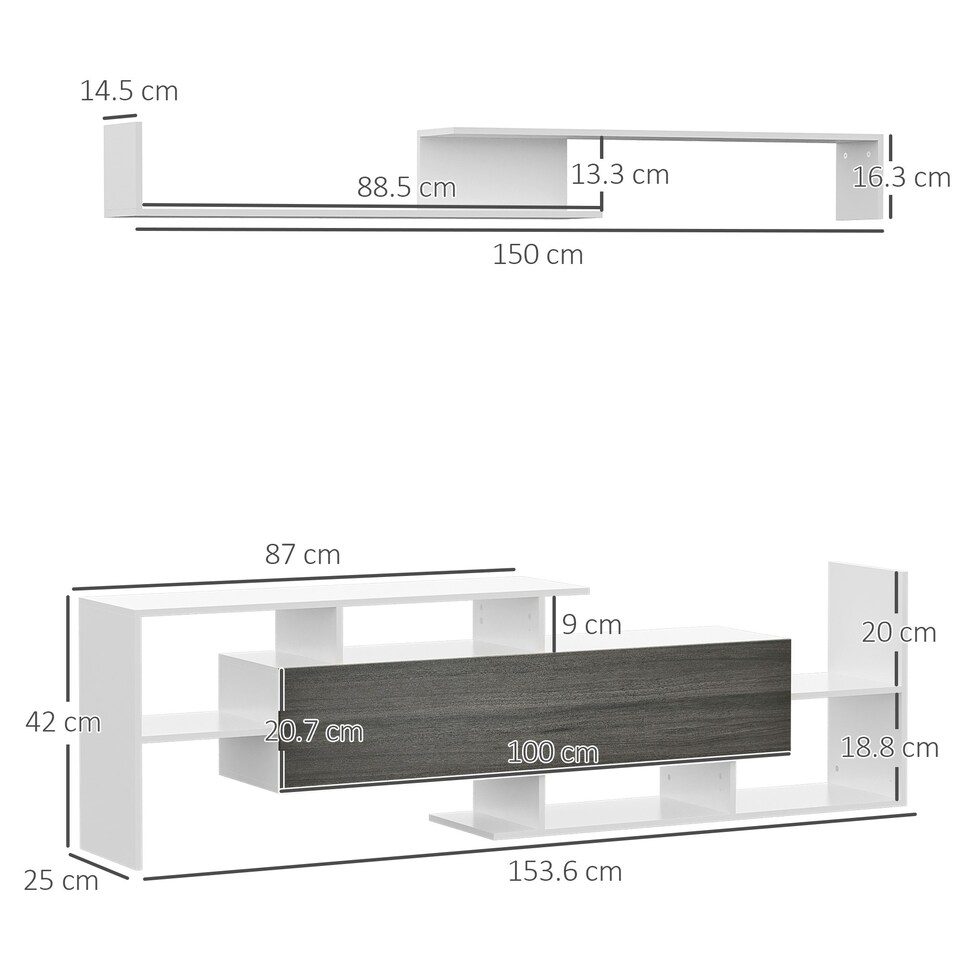 image 1 of HOMCOM TV Cabinet Unit w/ Wall-Mounted Shelf, Open Shelves Black and Brown White