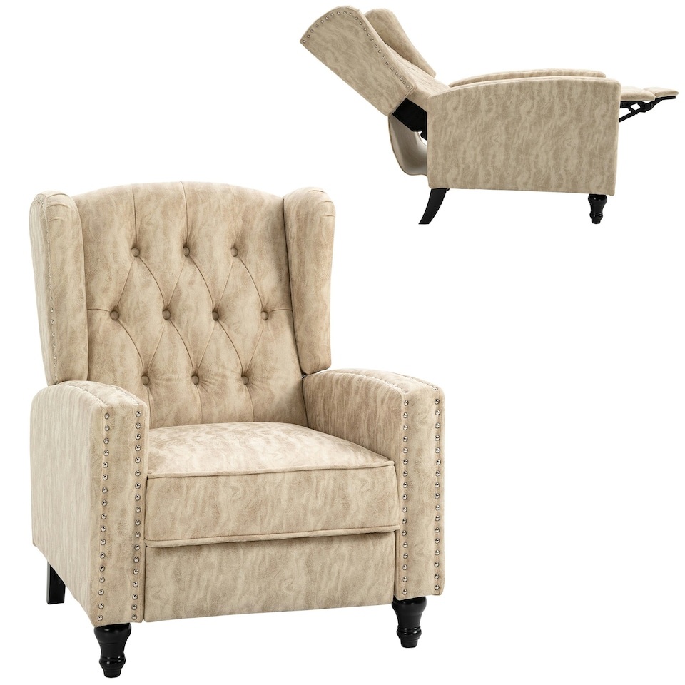 image 1 of HOMCOM Marble Effect Manual Reclining Armchair w/ Footrest Studs Wood Legs Beige