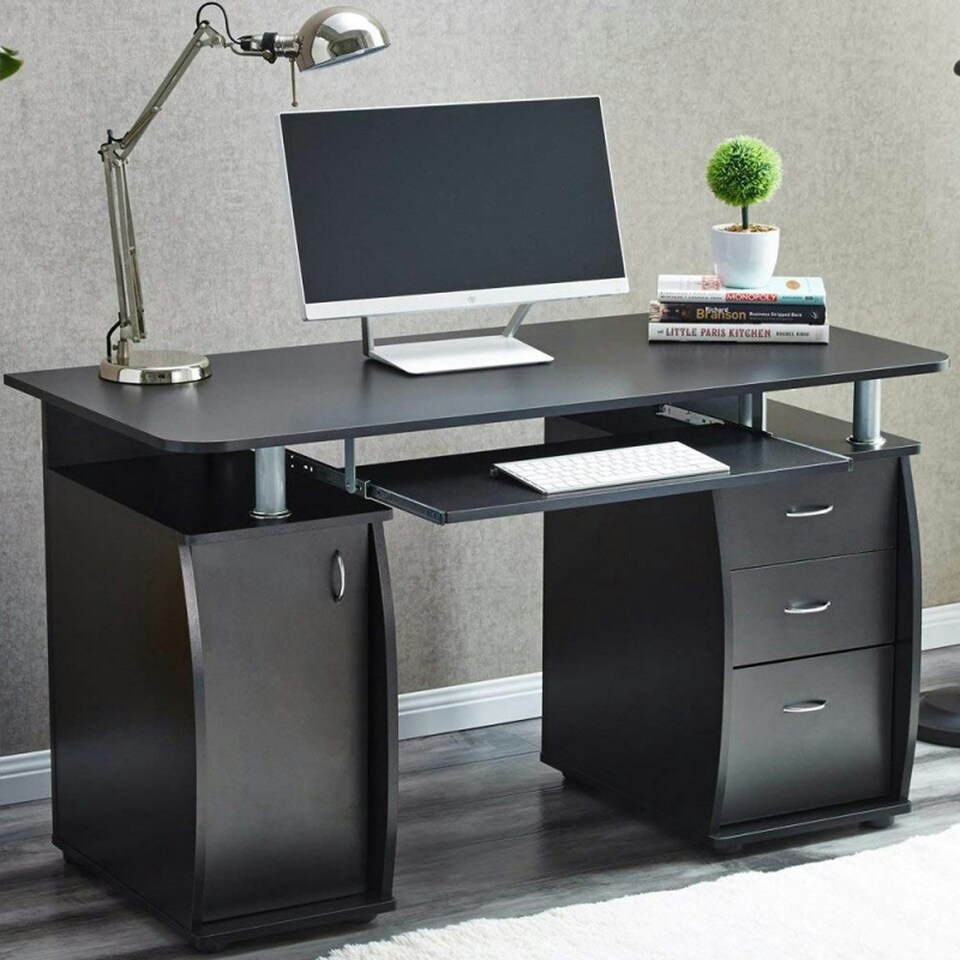 image 1 of WICKLOW Computer Desk with Cabinet and 3 Drawers - Black Black