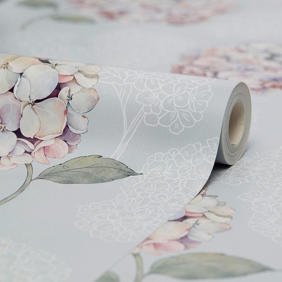 image 1 of Hydrangea Harmony Wallpaper in Soft Blue Multi