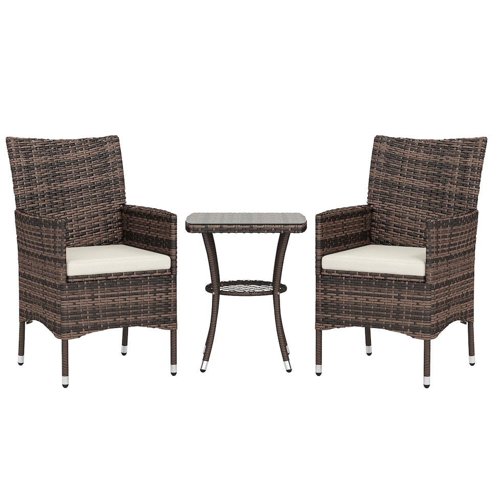image 1 of Outsunny 3 Pieces Rattan Bistro Set, Wicker Garden Furniture Set with 2 Tier Coffee Table and Chairs, Cushions, for Outdoor Patio Balcony, Brown