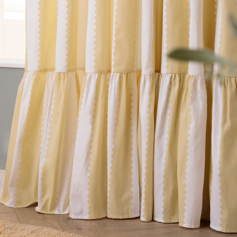image 1 of Furn Birdie Stripe Fully Lined Ruffle Pencil Pleat Curtain Pair, Butter Yellow, (W) 117cm x (D) 183cm