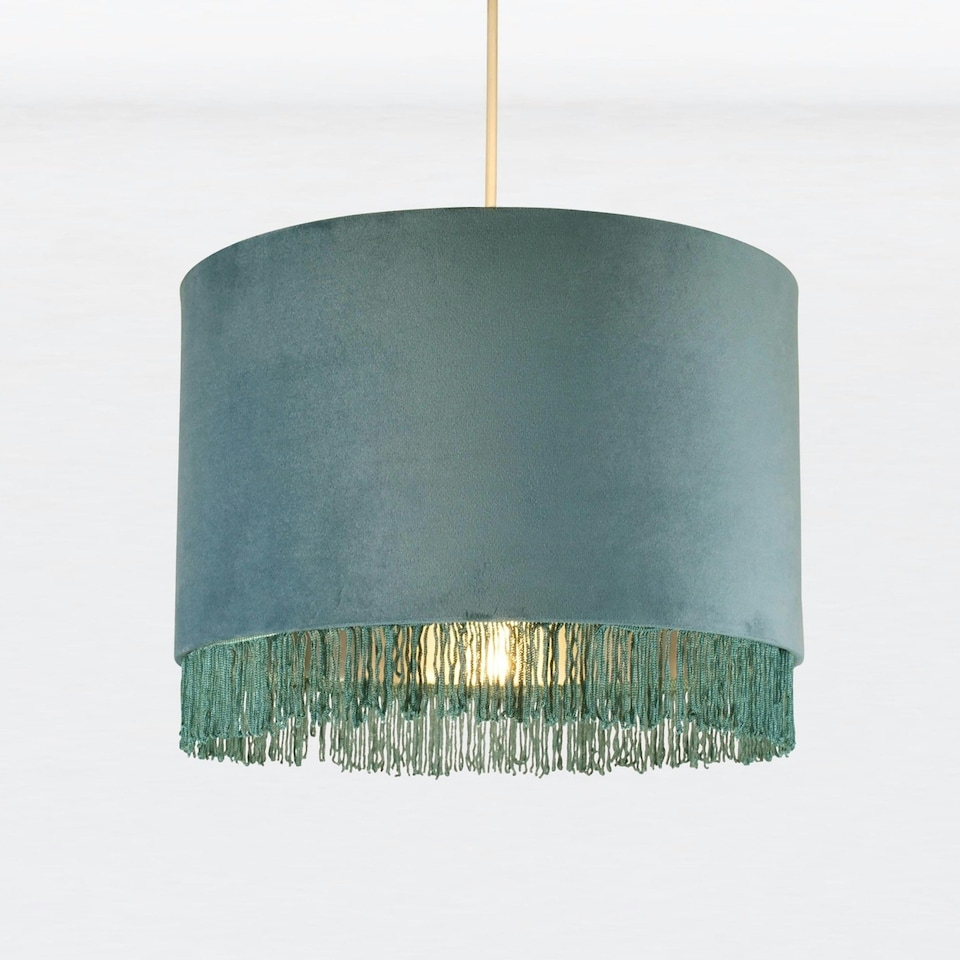 image 1 of First Choice Lighting Set of 2 Teal Velvet With Chrome Inner Tassled Light Shades Green | Chrome