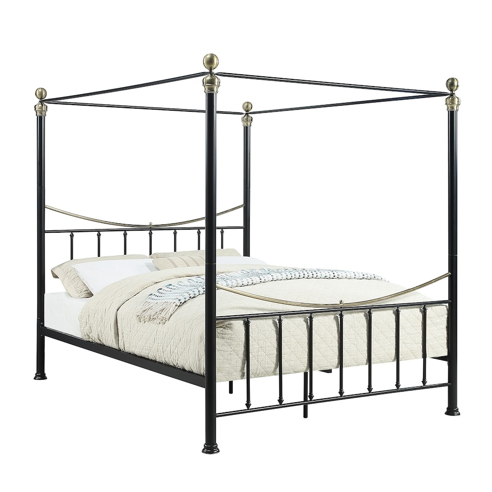 image 1 of Marylebone Traditional Four Poster Canopy Metal Bed Frame | Black | Black & Brass | King