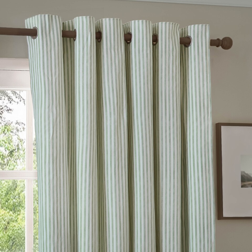 image 1 of Hebden Striped Cotton Eyelet Curtain Pair, 168 x 183cm, Eucalyptus | Green | Eucalyptus