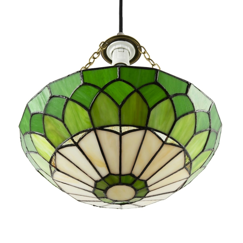 image 1 of Amber and Green Stained Glass Domed Tiffany Pendant Lamp Shade with Chain