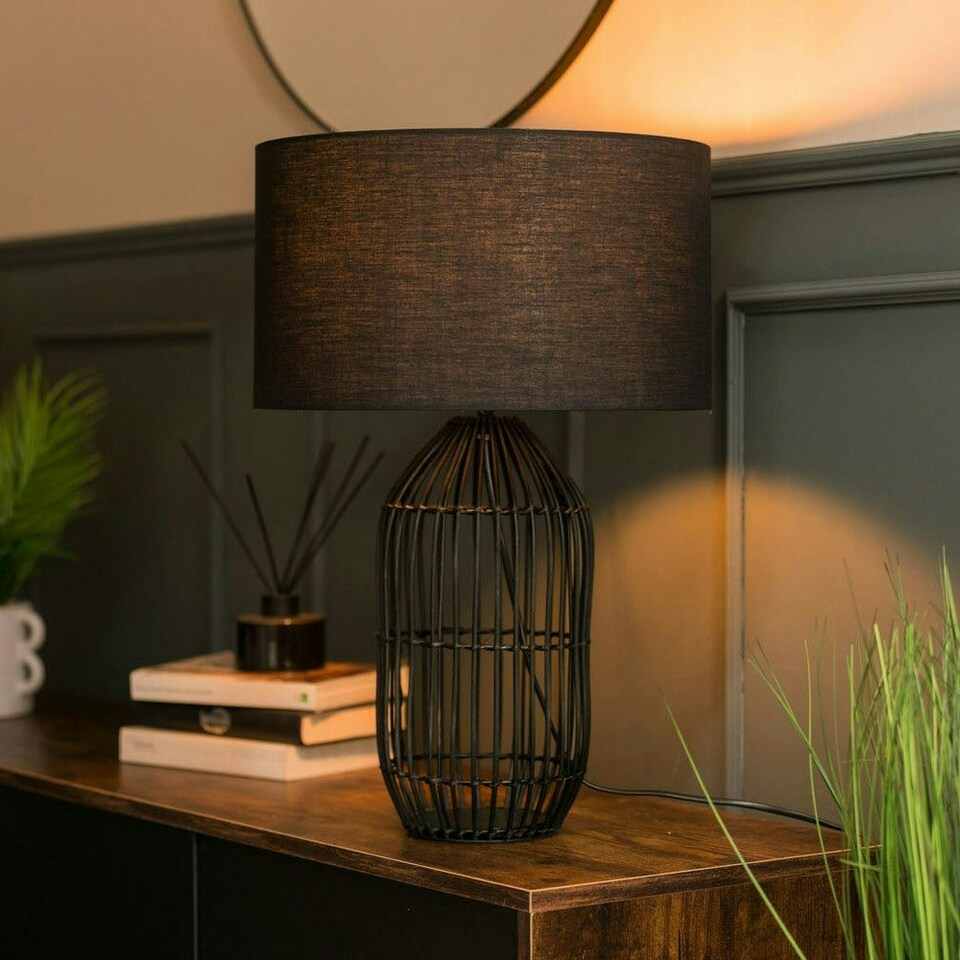 image 1 of ValueLights Hollins Painted Black Table Lamp with Medium Natural Drum Shade