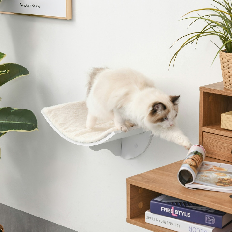image 1 of PawHut Wood Cat Shelves, Wall-Mounted Cat Shelter, Curved Kitten Bed, White