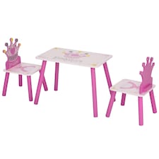 HOMCOM 3 Pcs Kids Princess & Crown Chair Table Set Home Furniture 2-4 Yrs Pink | Multi