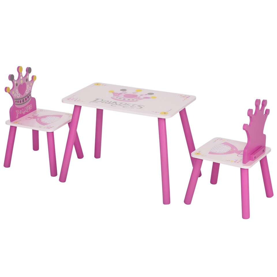 image 1 of HOMCOM 3 Pcs Kids Princess & Crown Chair Table Set Home Furniture 2-4 Yrs Pink | Multi