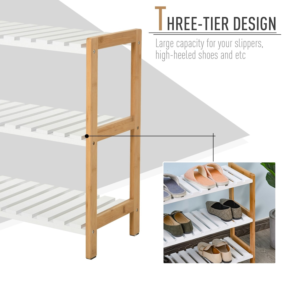 image 1 of HOMCOM 3-Tier Shoe Rack Wood Frame Slatted Shelves Open Storage, Natural