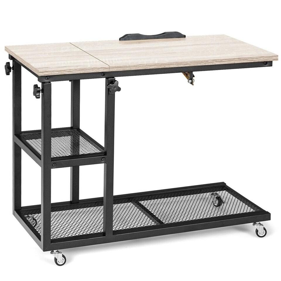 image 1 of COSTWAY Industrial Sofa Side Table Height Adjustable Rolling Natural Yellow