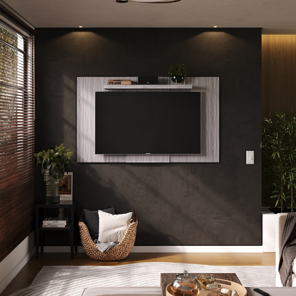 image 1 of Lido TV Display Wall Panel - Extendable or Fixed Media Panel with Adjustable Shelf for TVs