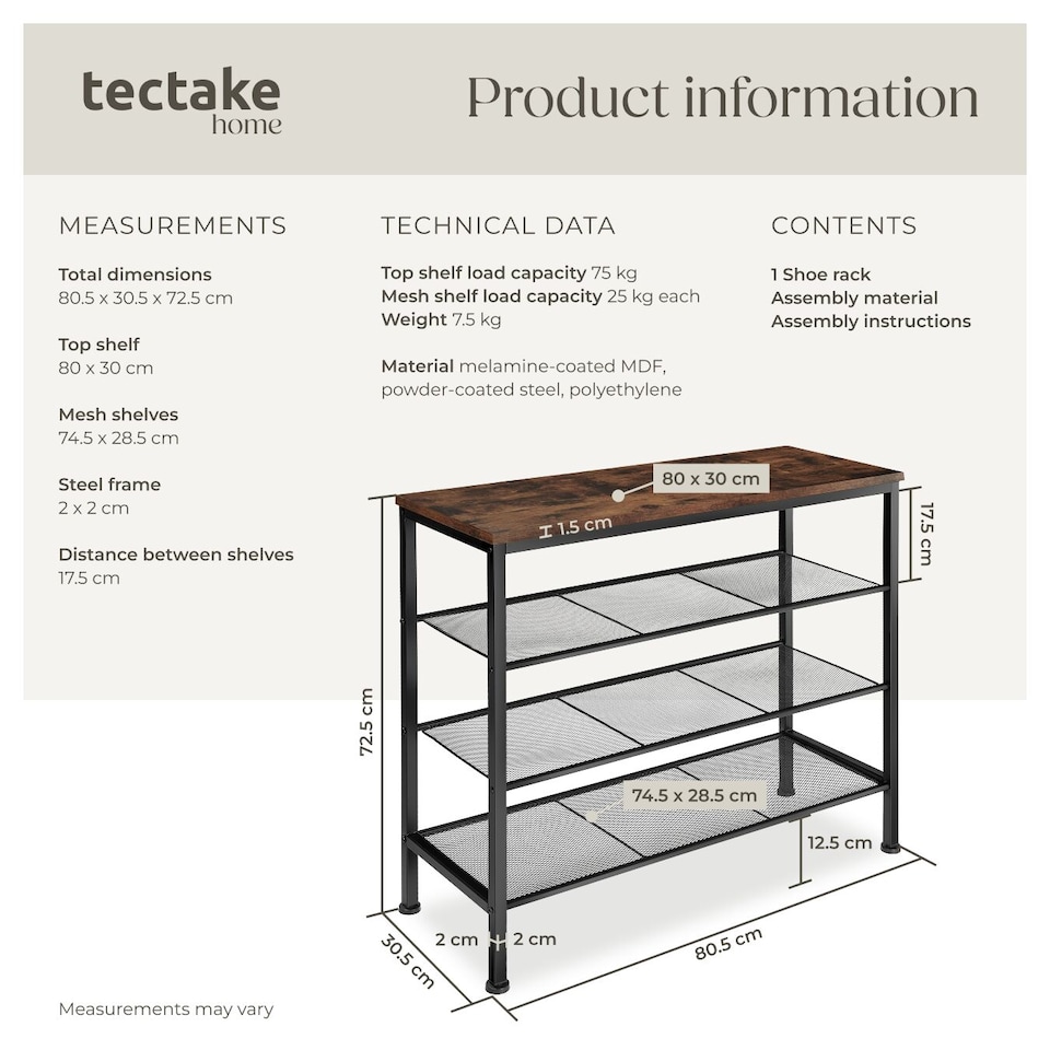 image 1 of Shoe Rack Newport - surface shelf and 3 grid shelves, industrial style | Brown | Industrial wood dark, rustic | 80,50 x 30,50 x 72,50 cm | 1