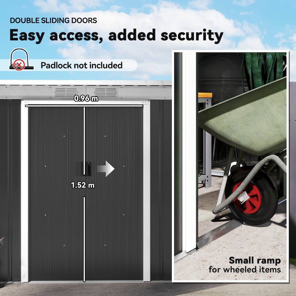 image 1 of Outsunny 9ft x 4ft Metal Garden Shed, Outdoor Tool House with Foundation Kit, Ventilations and Double Doors, Dark Grey